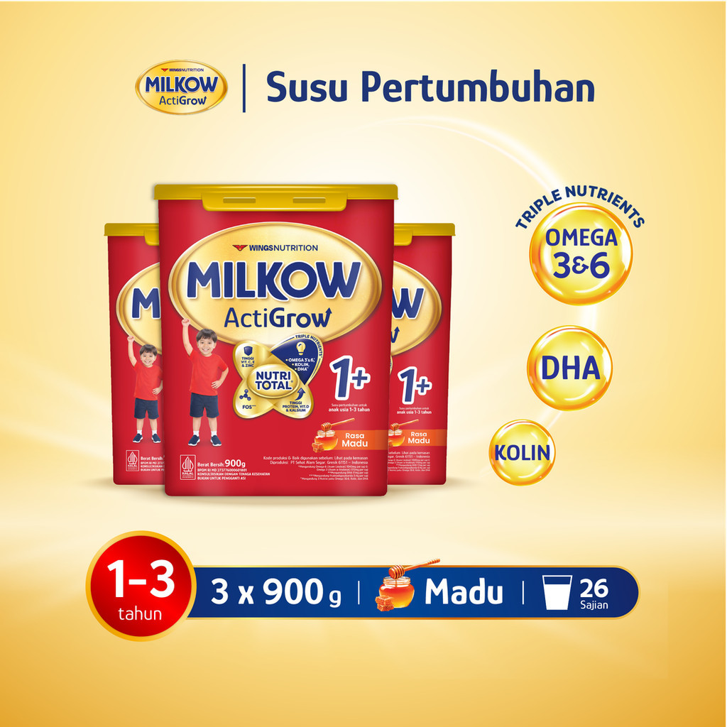 Milkow 1+ Susu Formula Pertumbuhan Anak Untuk Usia 1-3 Tahun Toples Rasa Madu 900 Gr x3