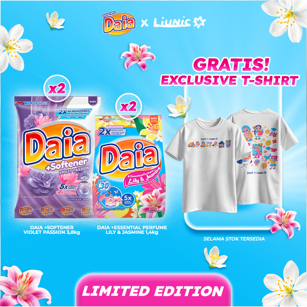 Daia Powder Detergent Lily & Jasmine 1.4 kg x2 + Daia Detergen Bubuk + Softener Violet Passion 3,8 kg x2 Free Liunic Tees