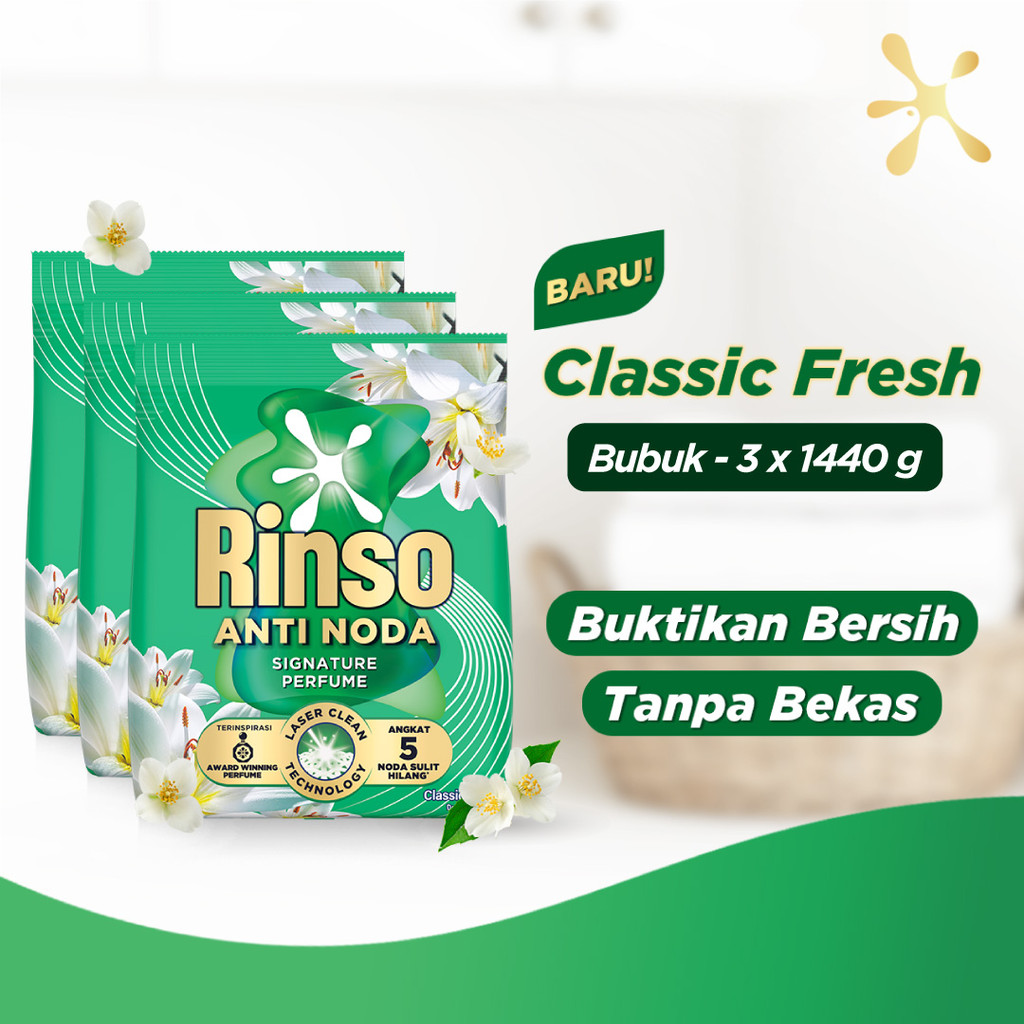 [Lebih Hemat 25%] Rinso Baru Detergen Bubuk Varian Classic Fresh 1440g x3