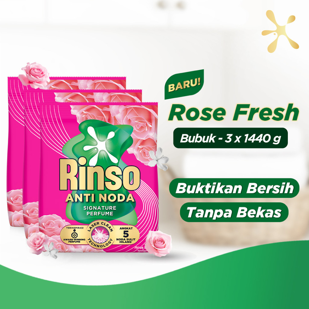 [Lebih Hemat 25%] Rinso Baru Detergen Bubuk Varian Rose Fresh 1440g x3
