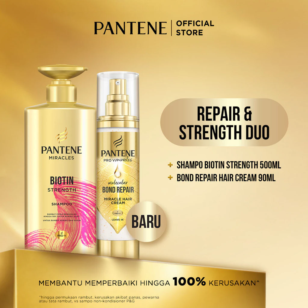 [BUNDLE] PANTENE Miracles Hair Cream Bond Repair 90ml & Shampoo Biotin Strength 500ml / Krim Rambut dan Shampoo melindungi dan membantu memperbaiki rambut dari kerusakan.