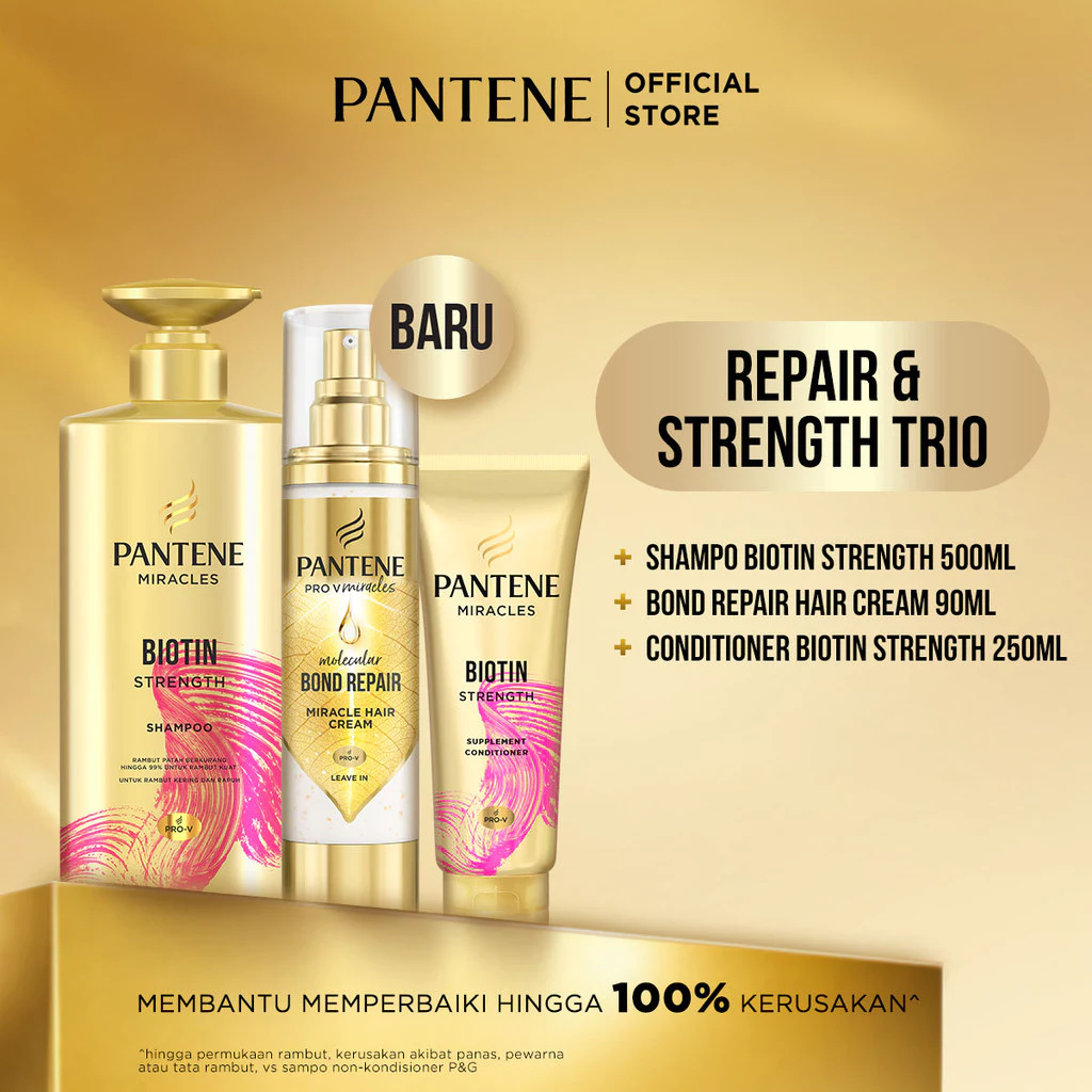 [BUNDLE] PANTENE Miracles Hair Cream Bond Repair 90ml & Shampoo 500ml + Kondisioner 250ml Biotin Strength / Perawatan untuk melindungi dan membantu memperbaiki rambut dari kerusakan.