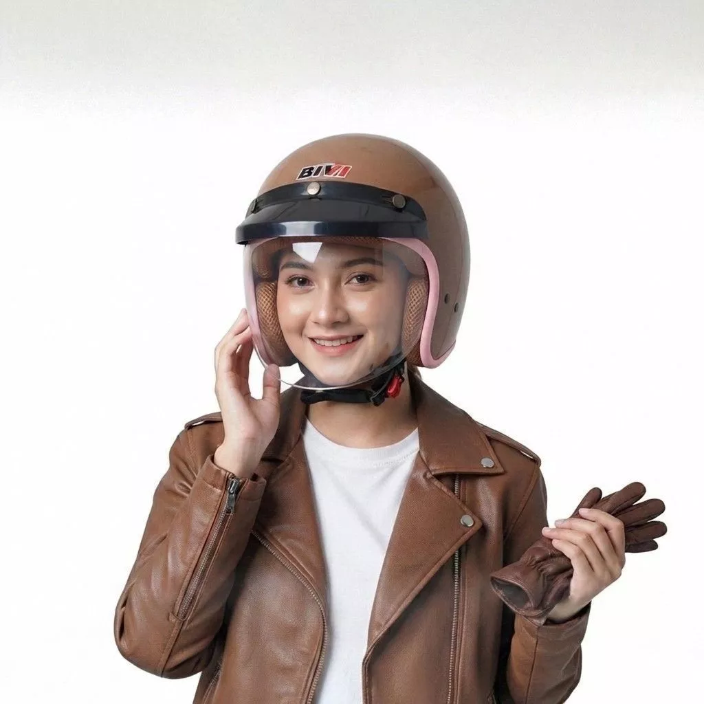 Helm Bogo Wanita BIVI PREMIO PINK Cewek Retro Desain Nyaman Dan Aman SNI Half Face Wanita Dewasa Ukuran L
