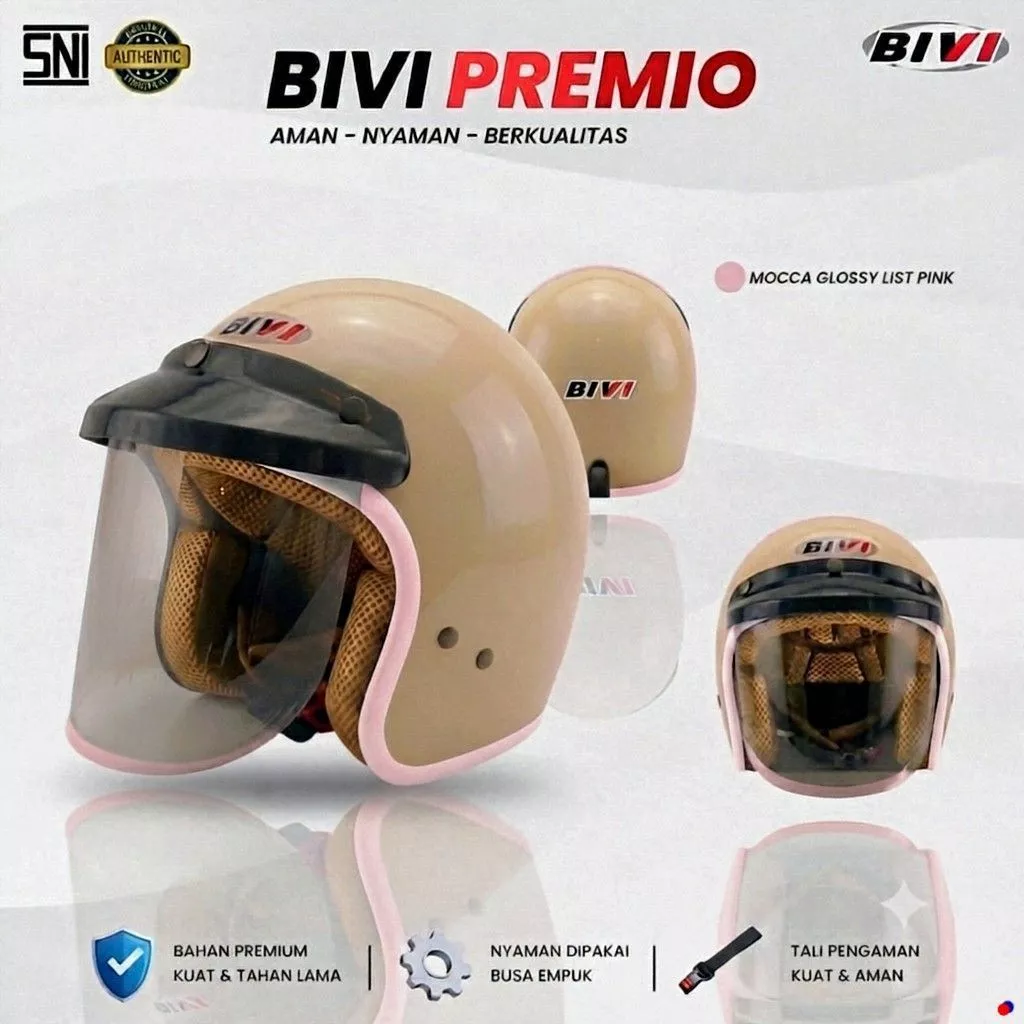 Helm Bogo Wanita BIVI PREMIO PINK Cewek Retro Desain Nyaman Dan Aman SNI Half Face Wanita Dewasa Ukuran L - Gambar 4