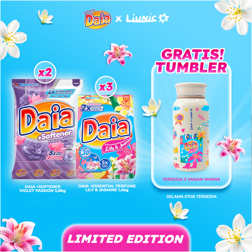 Daia Powder Detergent Lily & Jasmine 1.4 kg x3 + Daia Detergen Bubuk Violet 3,8 kg x2 Free Liunic Tumbler