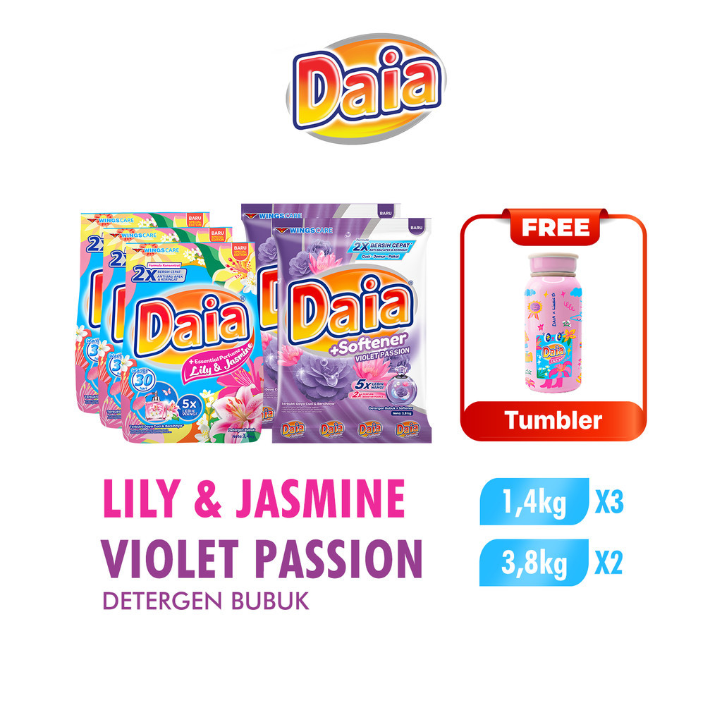 Daia Powder Detergent Lily & Jasmine 1.4 kg x3 + Daia Detergen Bubuk Violet 3,8 kg x2 Free Liunic Tumbler - Gambar 4
