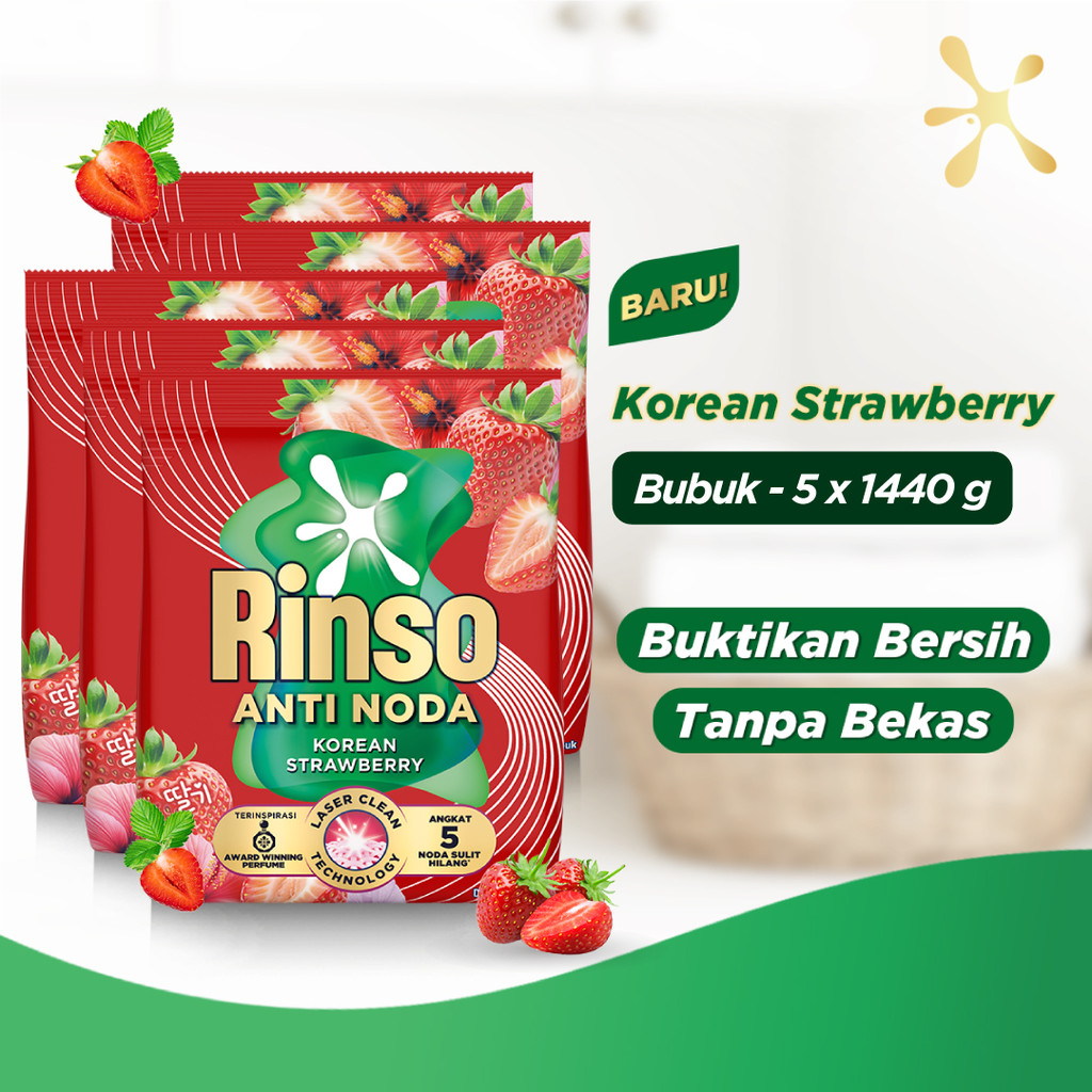 [Lebih Hemat 25%] Rinso Baru Detergen Bubuk Varian Korean Strawberry 1440g x5