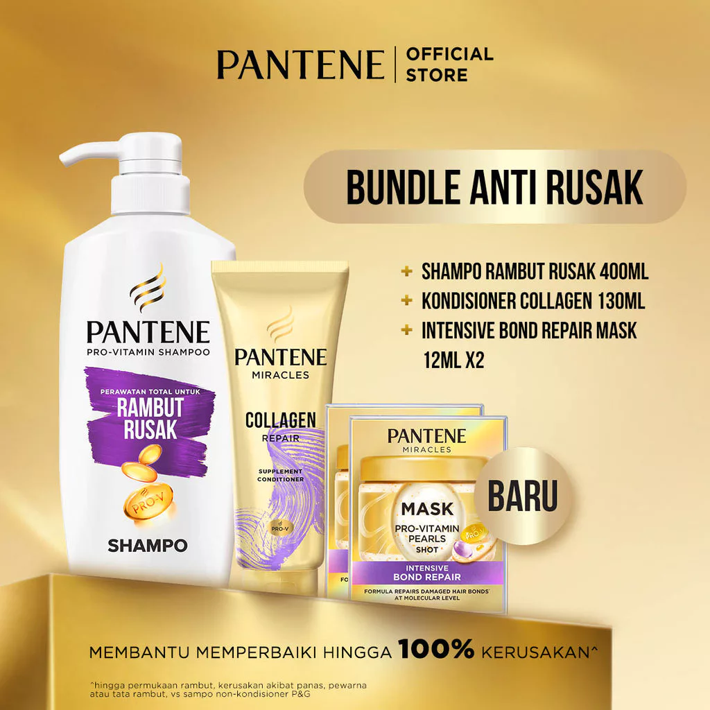 [BUNDLE MASK] PANTENE Shampo Rambut Rusak 400ml + Kondisioner Collagen 130ml + Mini Mask Shot 12mlx2/ Perbaikan Intensif untuk Rambut Rusak dan Kering