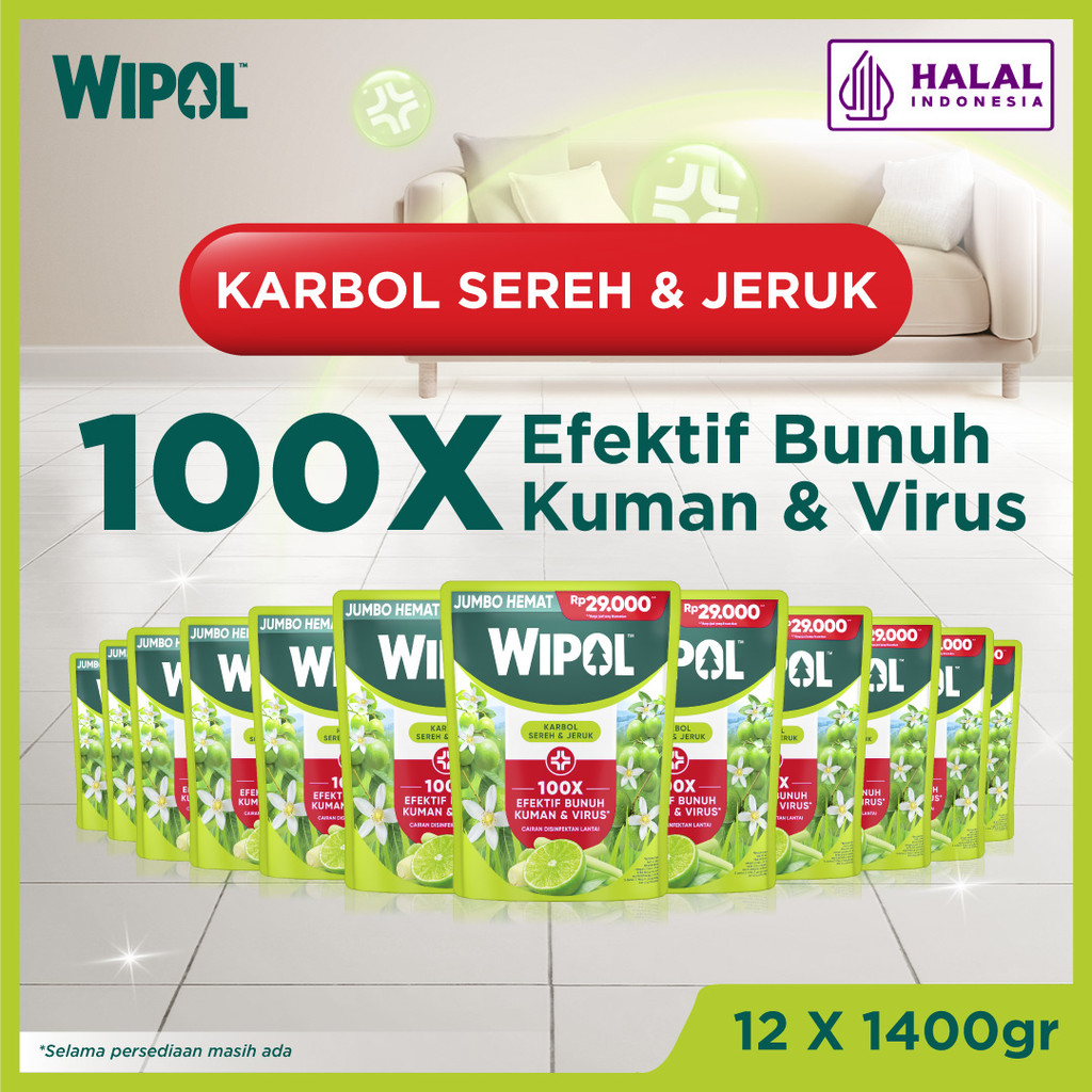 Wipol Karbol Pembersih Lantai Cairan Disinfektan Teruji Dermatologis Karbol Sereh & Jeruk 1400g X12