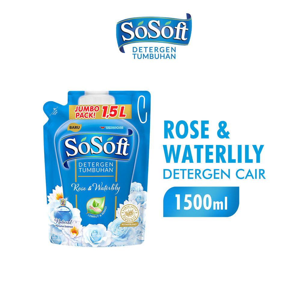 So Soft Detergen Cair Rose & Waterlily Pouch 1500Ml x2 - Gambar 2