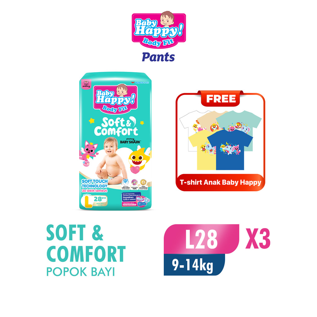 Baby Happy Pants Popok Celana Pinkfong Baby Shark L28 x3 Free Tshirt