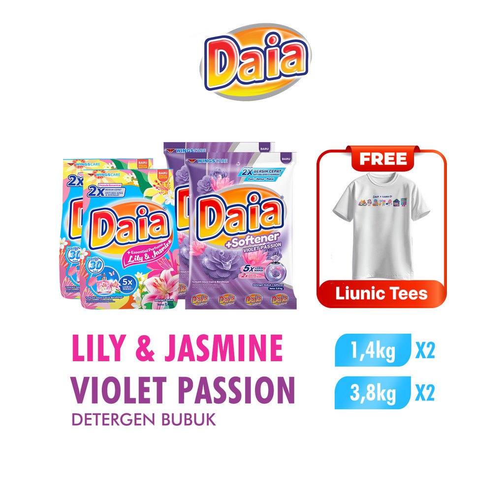 Daia Powder Detergent Lily & Jasmine 1.4 kg x2 + Daia Detergen Bubuk + Softener Violet Passion 3,8 kg x2 Free Liunic Tees - Gambar 4