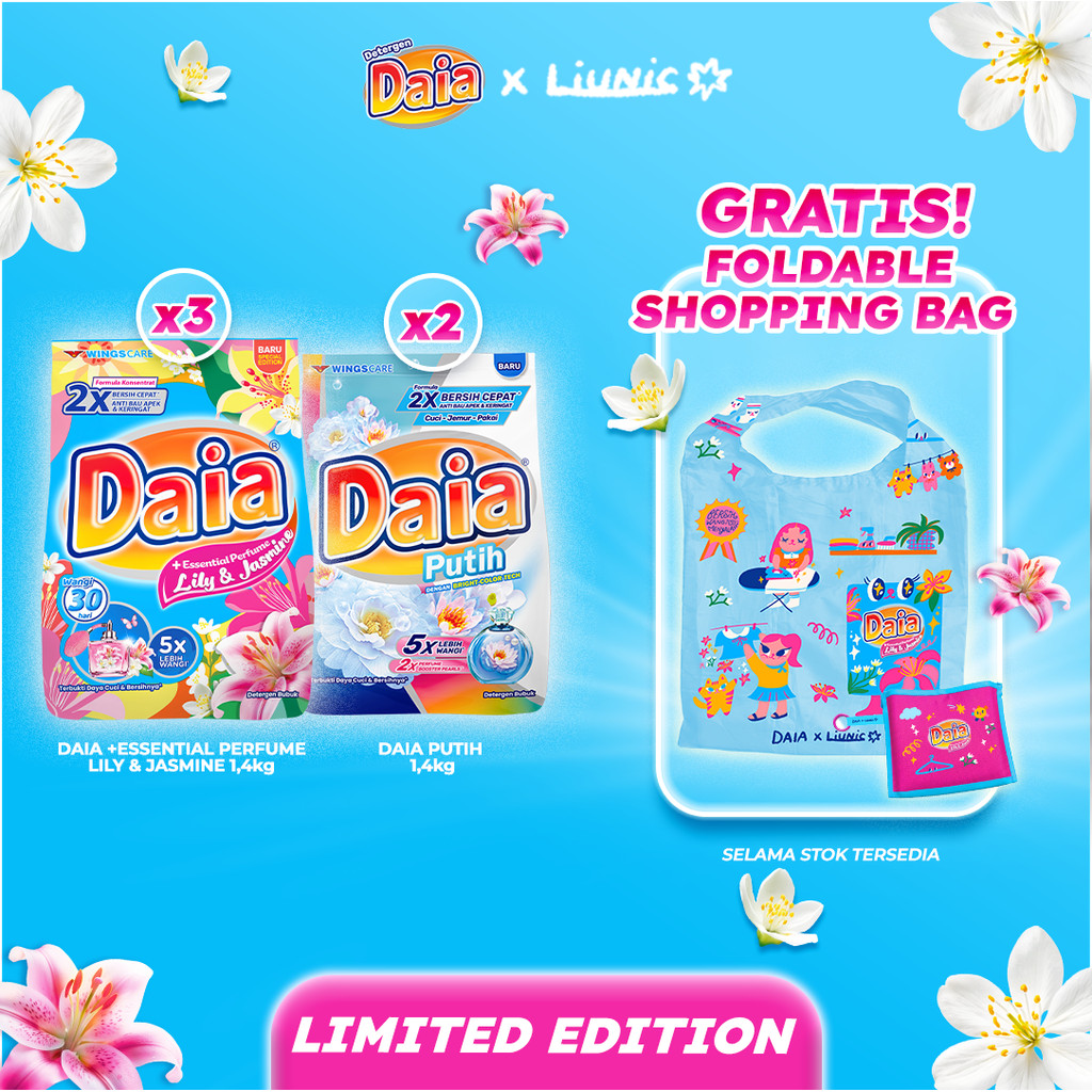 Daia Powder Detergent Lily & Jasmine 1.4 kg x3 + Daia Detergen Bubuk Putih 1,4 kg x2 Free Liunic Shopping Bag