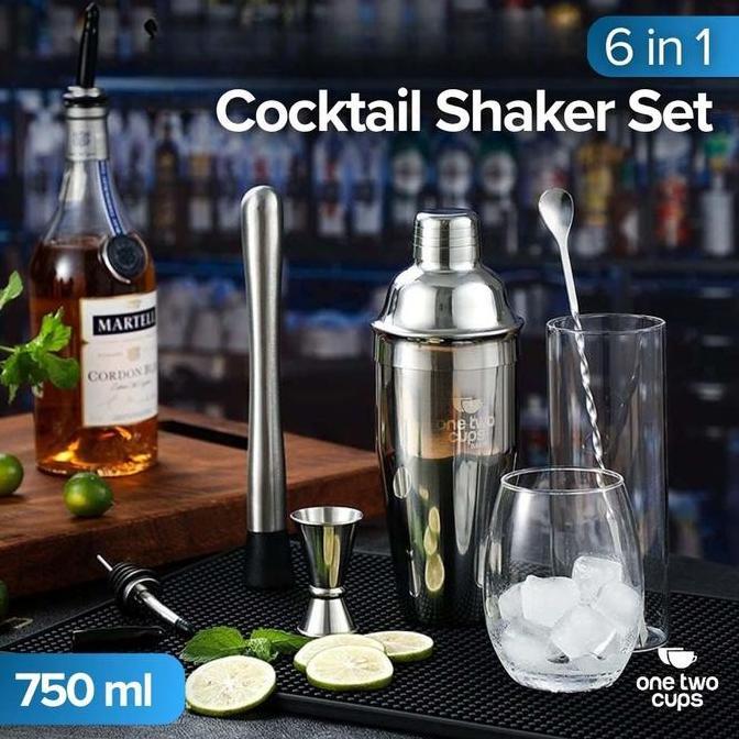 Terbaik One Two Cups PAKET SHAKER 2 COCKTAIL/MOCKTAIL/KOPI / 6 in 1 Bartender Drink Bar Set Alat Gelas mixing Minuman Buah Sirup Stainless Steel Peralatan pengocok minuman sirup soda matcha Paling keren - Gambar 2