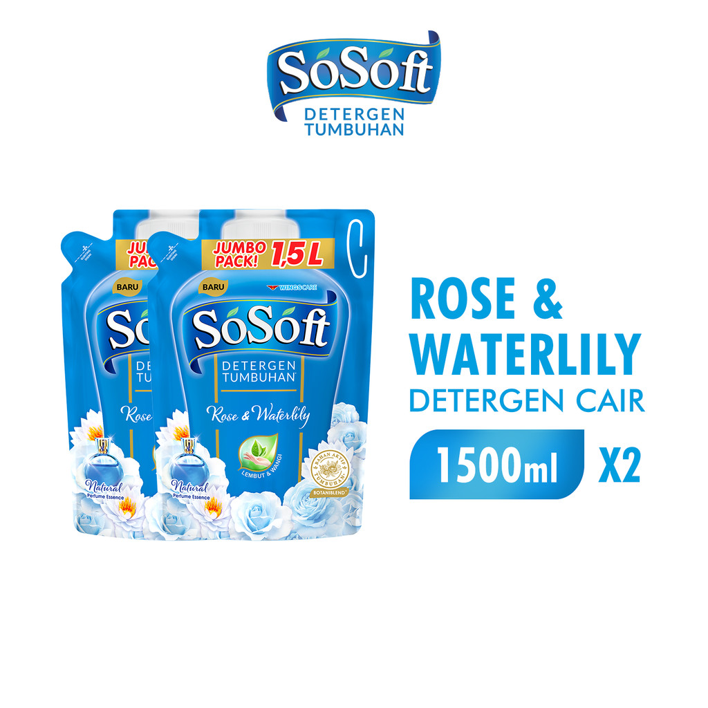 So Soft Detergen Cair Rose & Waterlily Pouch 1500Ml x2