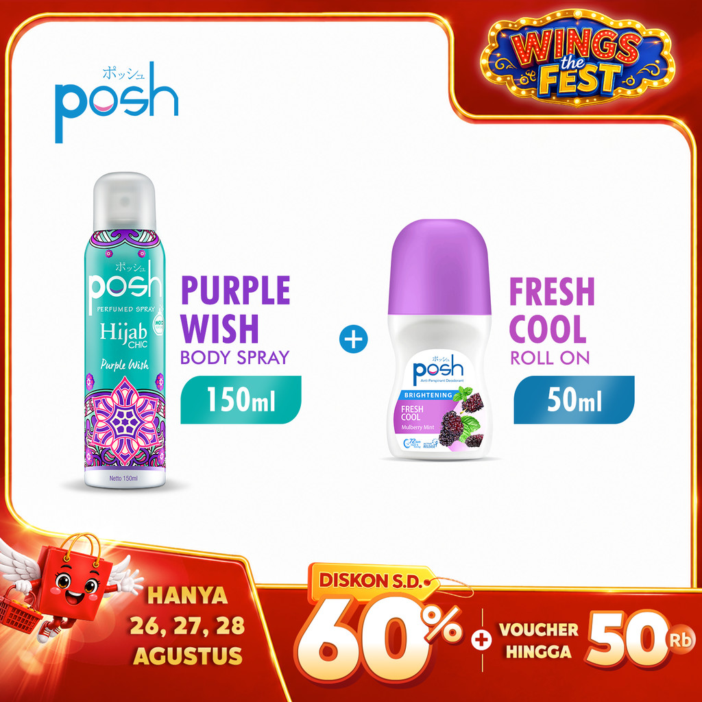 Posh Hijab Spray Cologne Purple Wish Botol 150 ml + Posh Roll On Deodoran Fresh Cool Botol 50 ml
