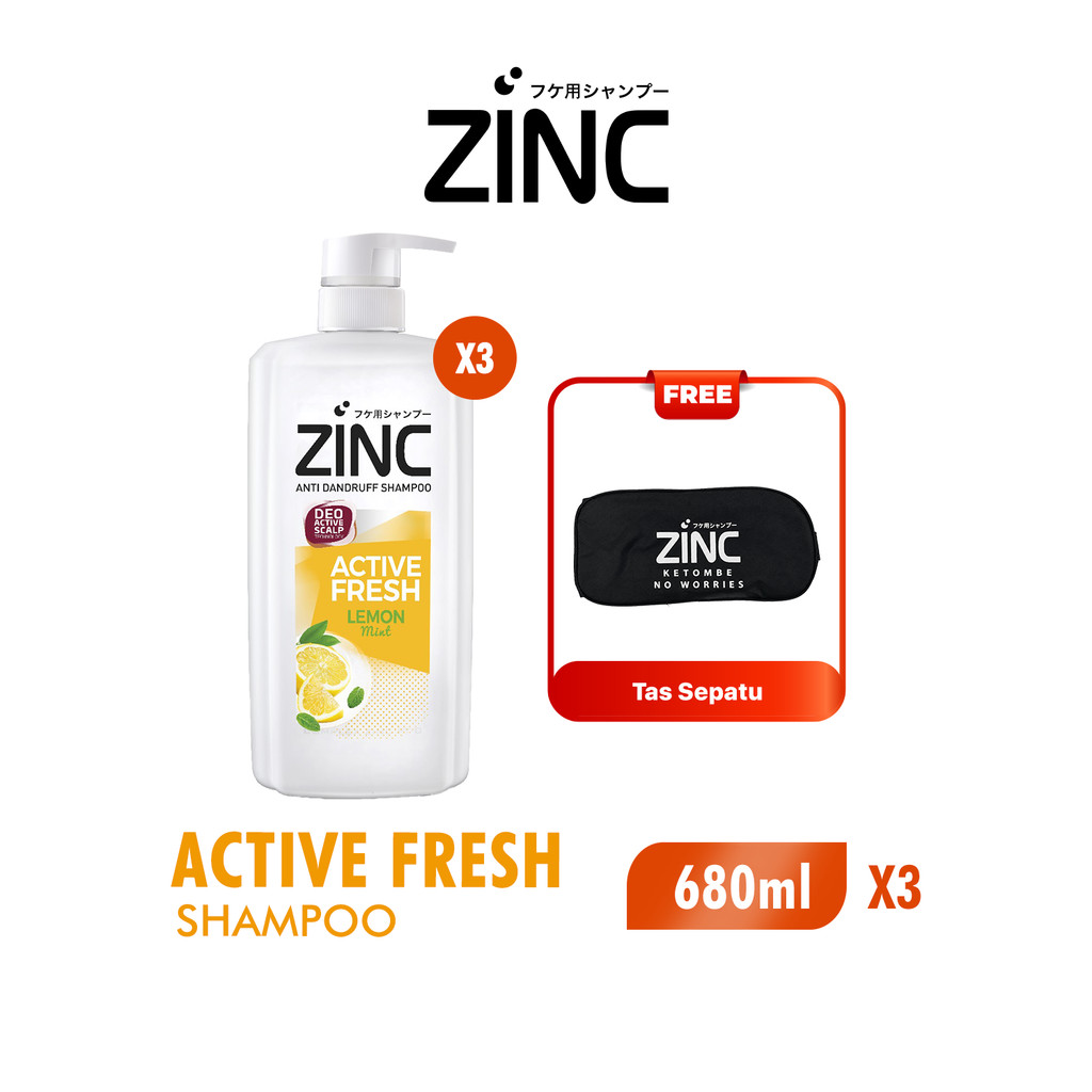 Zinc Shampoo Active Fresh Botol 680 ml x3 Free Tas Sepatu