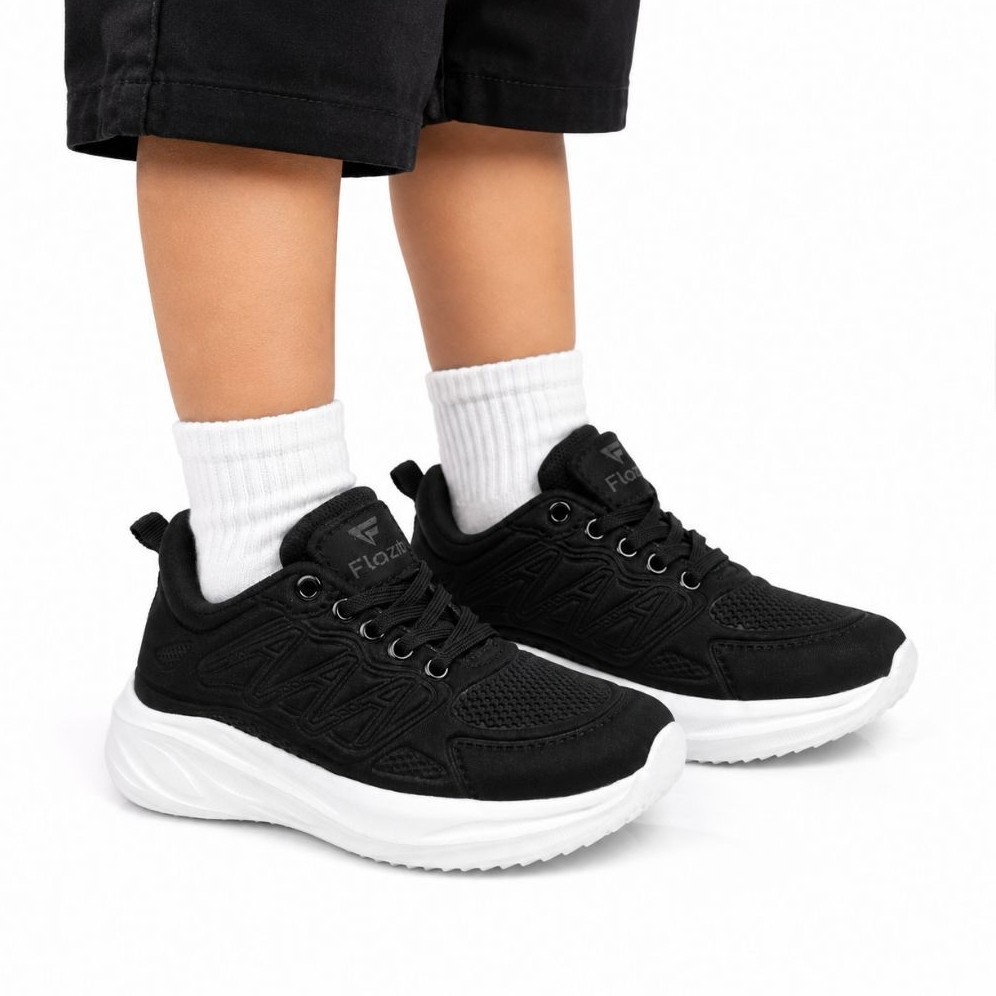 Flazo Sepatu Anak Anak Laki Laki Dan Prempuan Sepatu Sekolah Hitam Dan Hitam Putih Tali Sol Ringan Anti Slip - Gambar 4