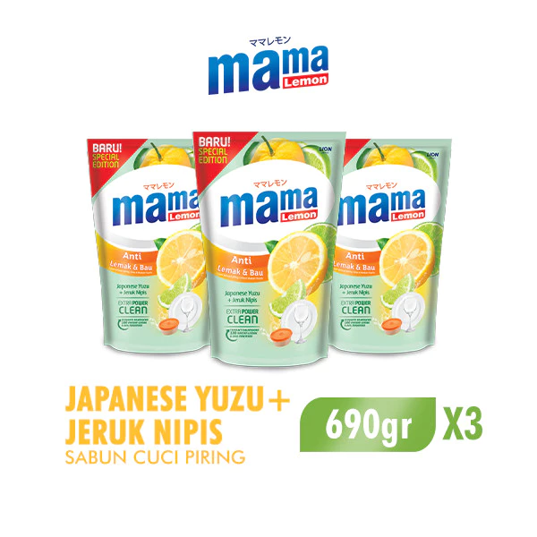 Mama Lemon Sabun Cuci Piring Yuzu & Jeruk Nipis Anti Lemak & Bau Pouch 680 ml/690 gr ml x3