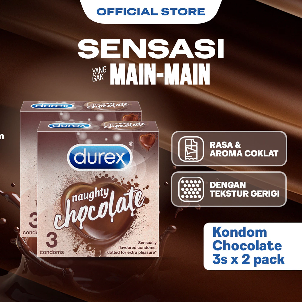 Durex Naughty Chocolate - 3s (2 pcs) (Kondom Pria Gerigi Dengan Rasa & Aroma Coklat, Untuk Sensasi Main Lebih Menyenangkan. Alat Kontrasepsi)