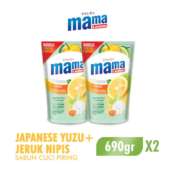 Mama Lemon Sabun Cuci Piring Yuzu & Jeruk Nipis Anti Lemak & Bau Pouch 680 ml/690 gr ml x2