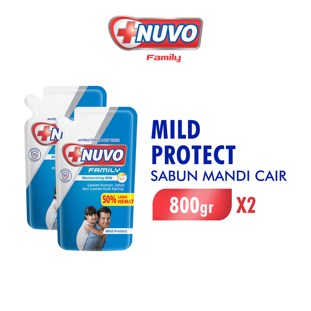 Nuvo Family Sabun Mandi Cair Biru Mild Protect Antibacterial Pouch 800 gr x2