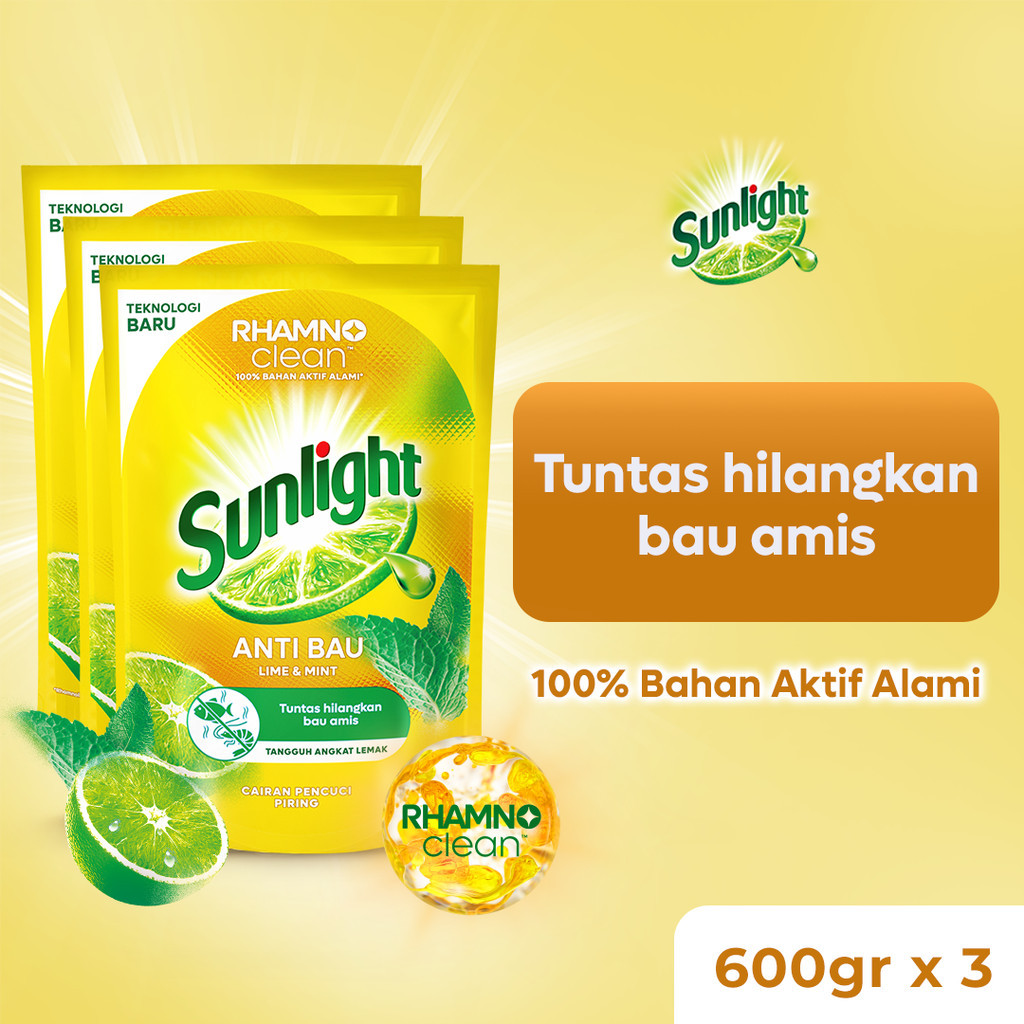 Sunlight Sabun Cuci Piring Anti Bau 600gr x3