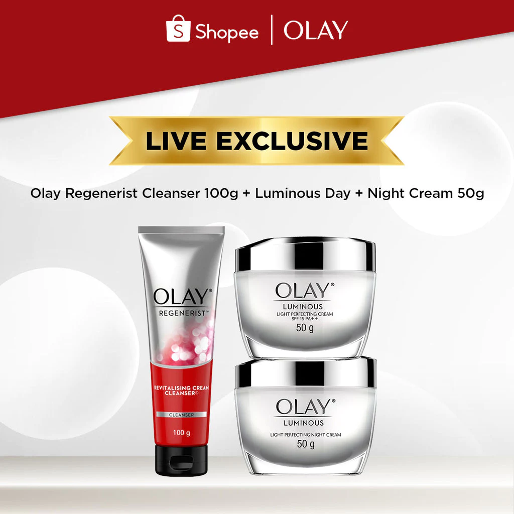[LIVE EXCLUSIVE] Olay Set Luminos Day Cream + White Radiance Night Cream Niacinamide Skincare Antiaging 50Gr + Regenerist Revitalizing Niacinamide Face Wash Cleanser Antiaging 100g