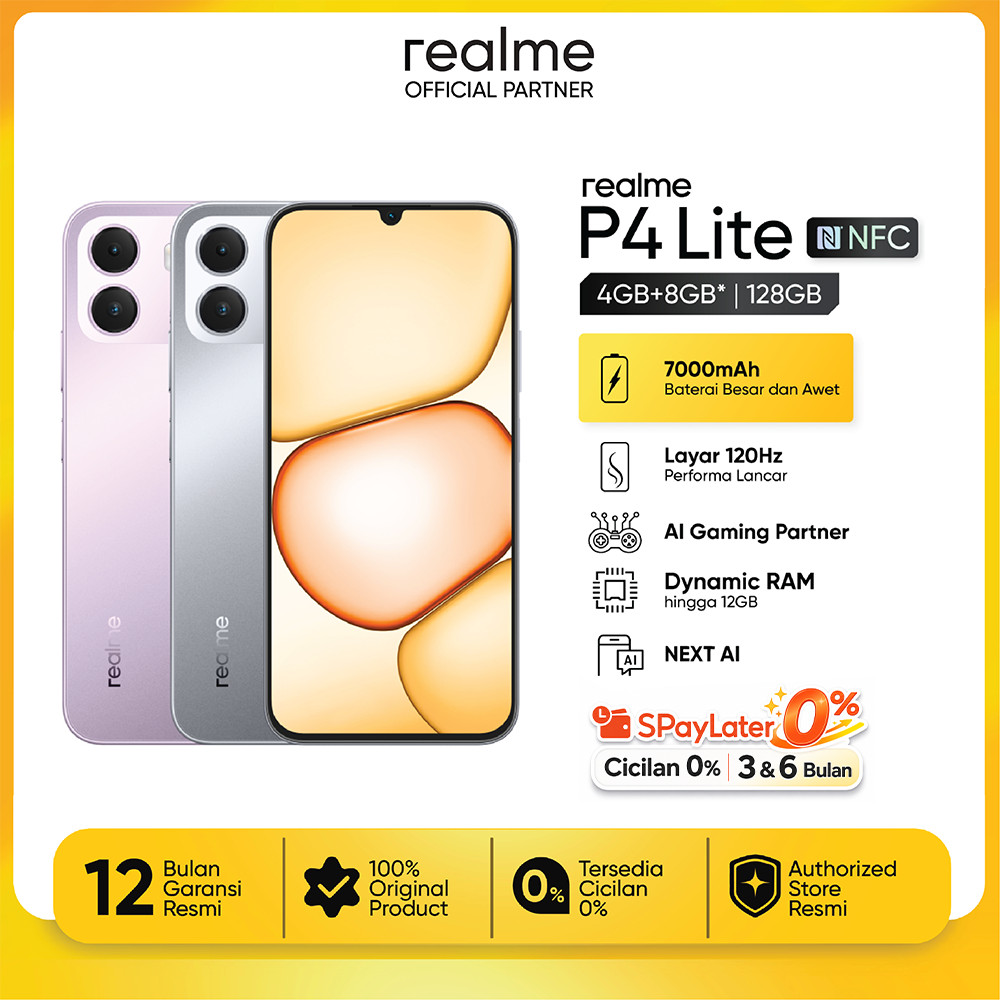 realme P4 Lite 4GB+8GB*|128GB (7000mAh Baterai Lebih Awet | Layar 120Hz Performa Lancar | AI Gaming Partner | Next AI)