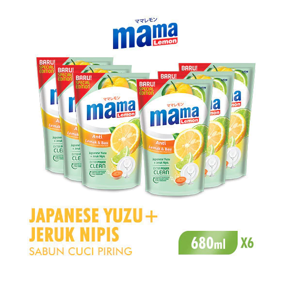 Mama Lemon Sabun Cuci Piring Yuzu & Jeruk Nipis Anti Lemak & Bau Pouch 680 ml x6