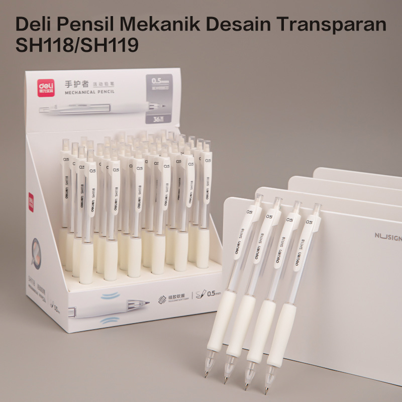 Deli Pensil Mekanik / Mechanical Pencil 0.5mm 0.7mm Putih Transparan Dengan Penghapus SH11X - Gambar 3
