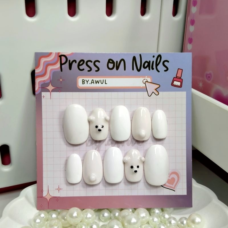Press on Nails White Bear Fake Nails by.awul Handmade fake nails
