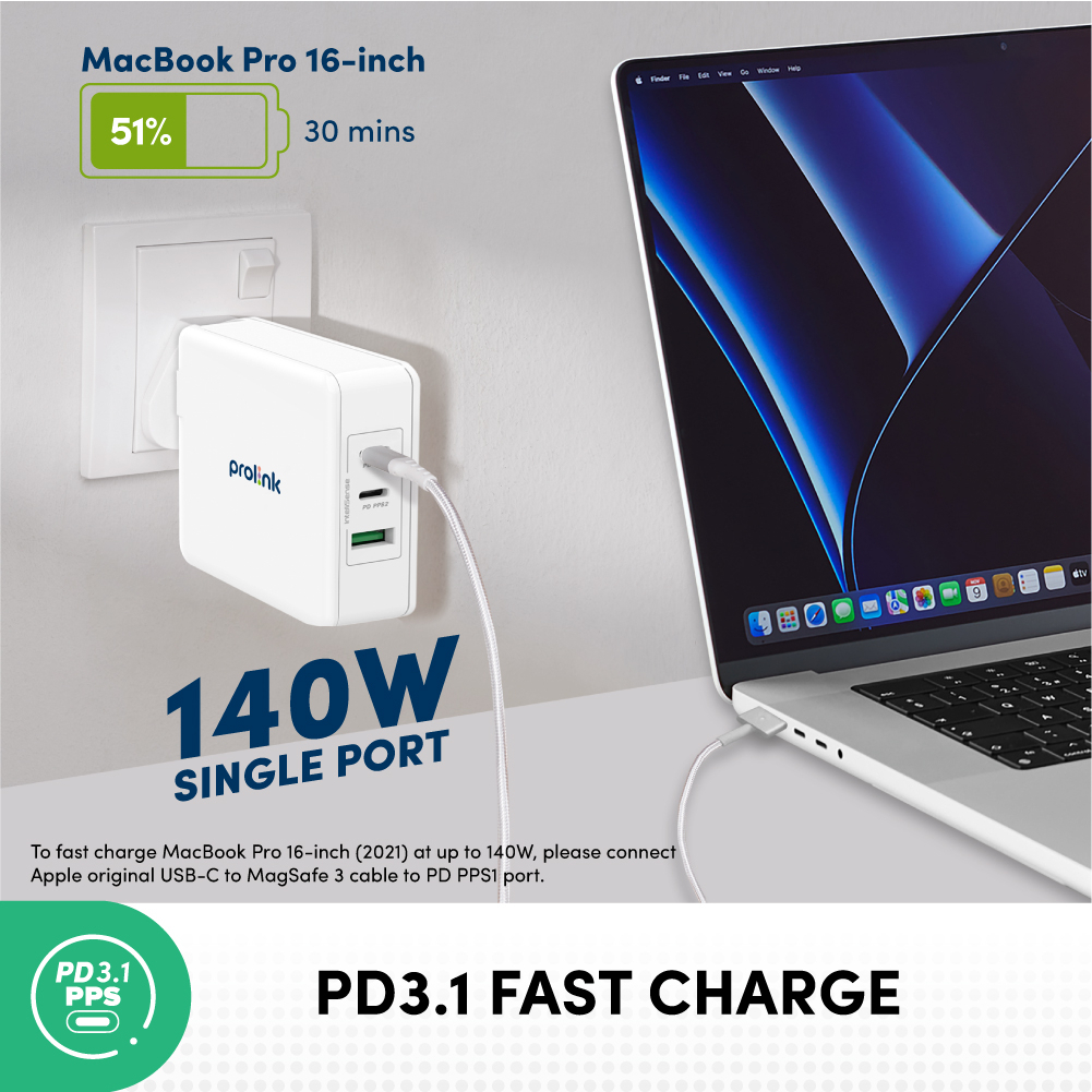 Prolink 140W / 3 port / GaN PD PPS Kepala Charger Wall Travel Adaptor - 140W - Gambar 2