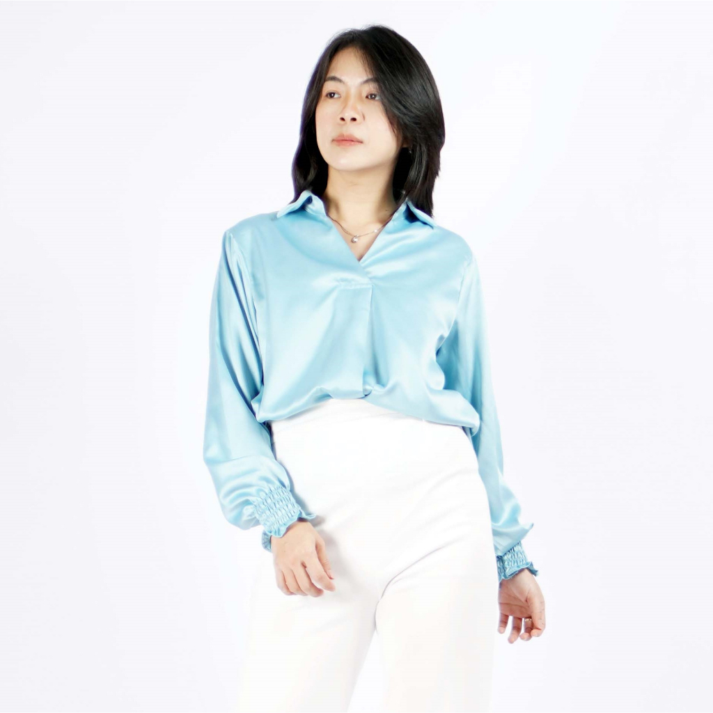 Okechuku SAFIRE Top Satin Blouse Satin Gaya Korea Blus Elegan Krah V