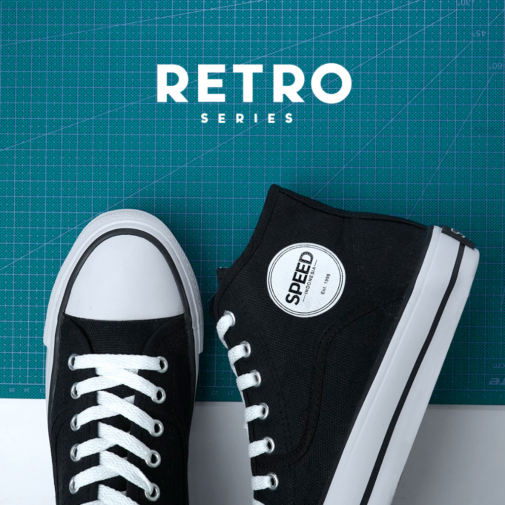 Speed - Retro Hi Hitam Putih - Sepatu Sneakers Kanvas Anti Slip Pria Wanita - Gambar 3
