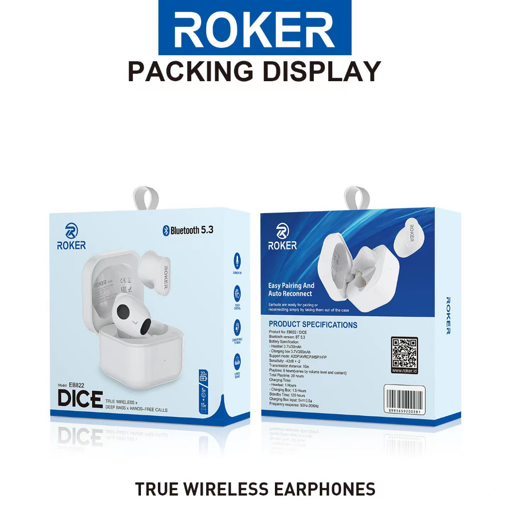 TWS ROKER DICE EB822 TRUE WIRELESS DEEP BASS BLUETOOTH 5.3 - Gambar 3