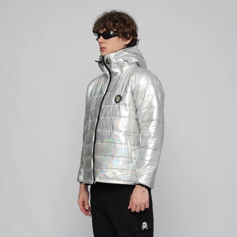 Puffer Parasite Jacket Silver Aluminum Chameleon Thick Plain/Bdgboys Puffer Jacket Hologram White & Silver/Latest Men's Parachute Jacket/Men's Winter Jacket/Thick HOODIE/Boy's Mountain Clothing/Cool D