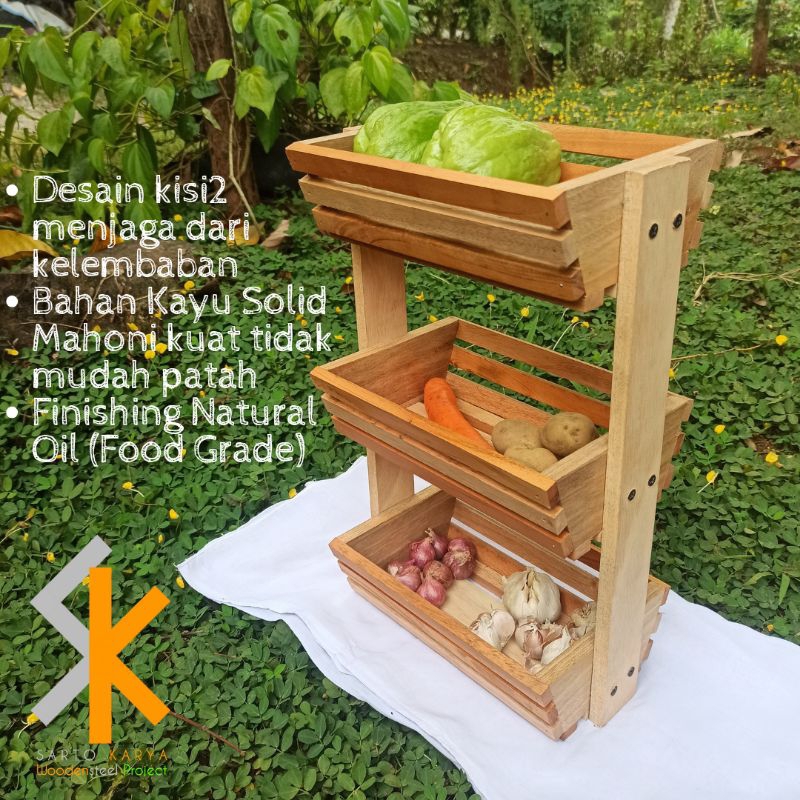3-Tier Wooden Fruit Rack Kitchen Spice Rack/ Onion Rack/ Aesthetic ...