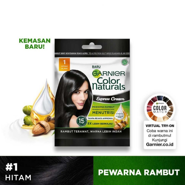 HITAM Garnier Color Naturals Express Cream No.1 Black Hair Dye Sachet