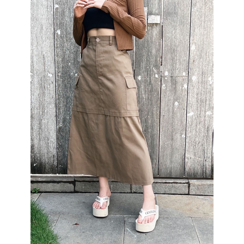 High Waist Side Pocket Belted Skirt in Khaki