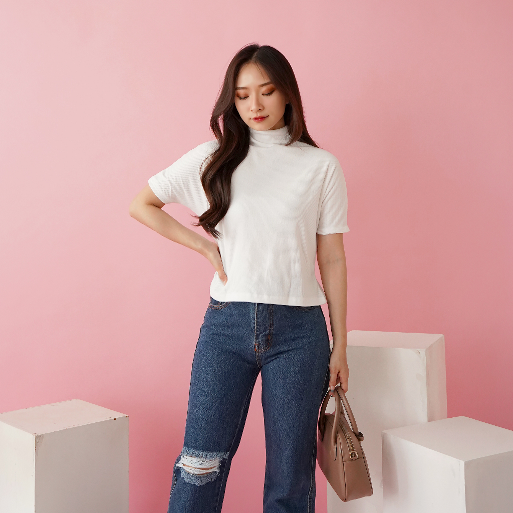 OROY Korean Turtle Neck Crop Top Rib Knit Top OR1000 | Shopee Singapore