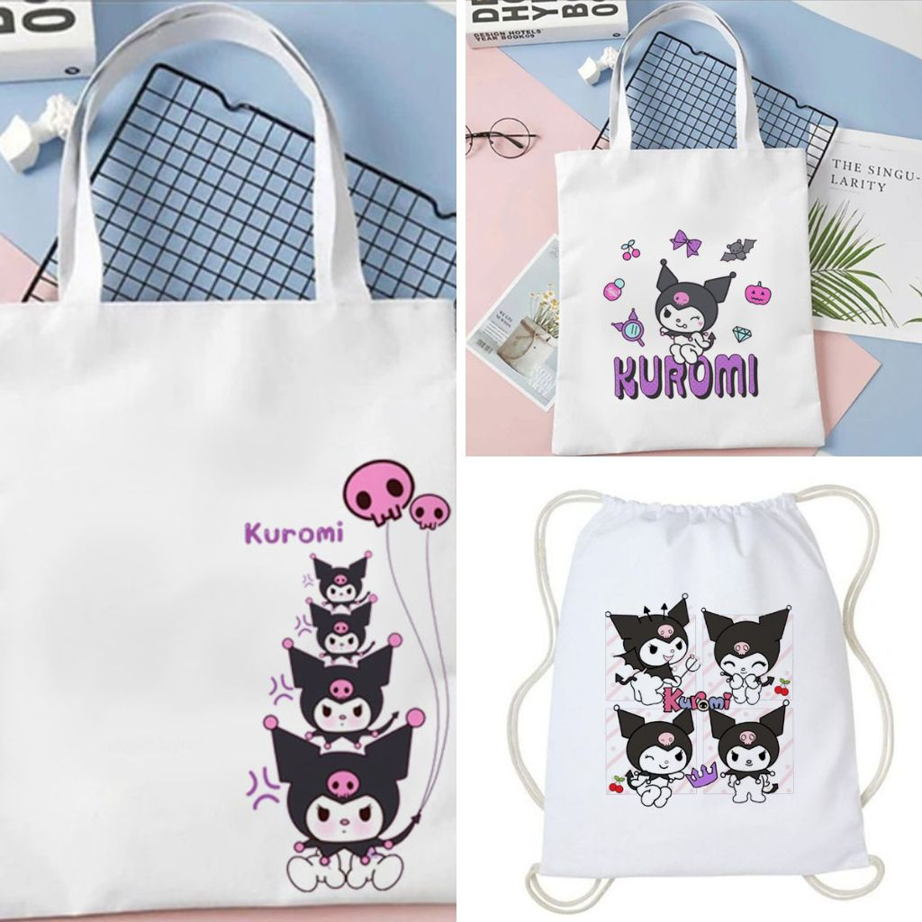 Kuromi Sanrio Drawstring Bag Cute String Bag Canvas Women Goodie Bag