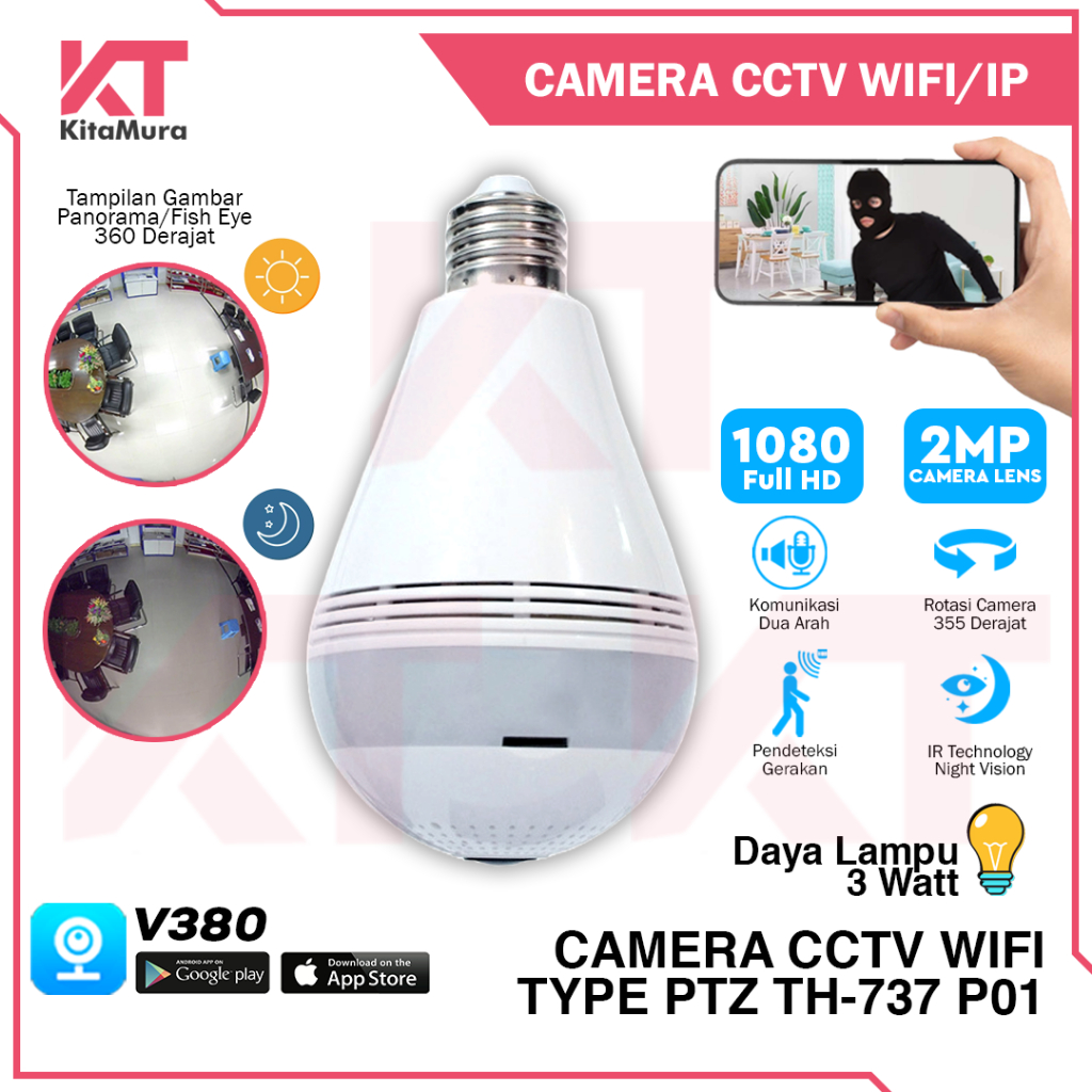 CCTV Camera Wifi Bulb 2MP 1080 HP V380 || CCTV Wifi PTZ TH-737 P01 ...
