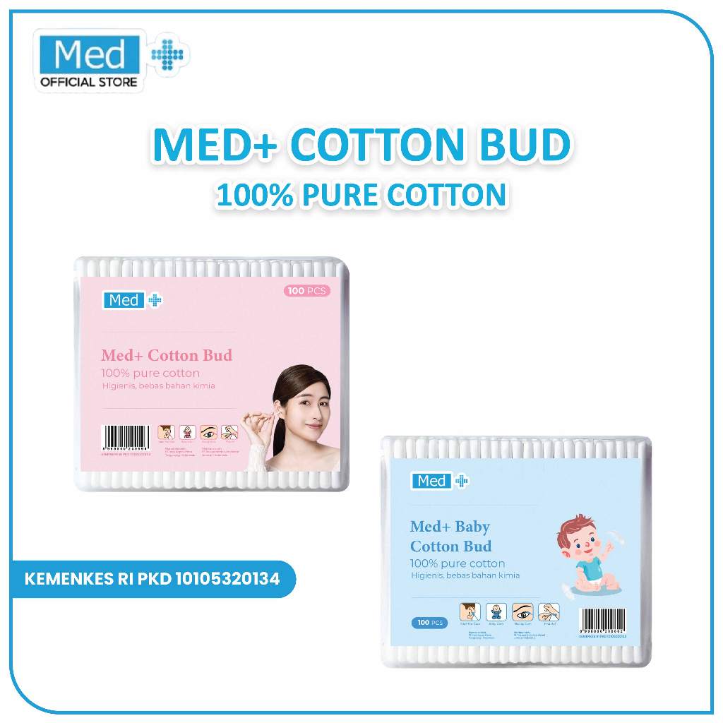 Med+ Cotton Bud Korek Kuping Kapas isi 100pcs Dewasa / Baby Anak Kecil