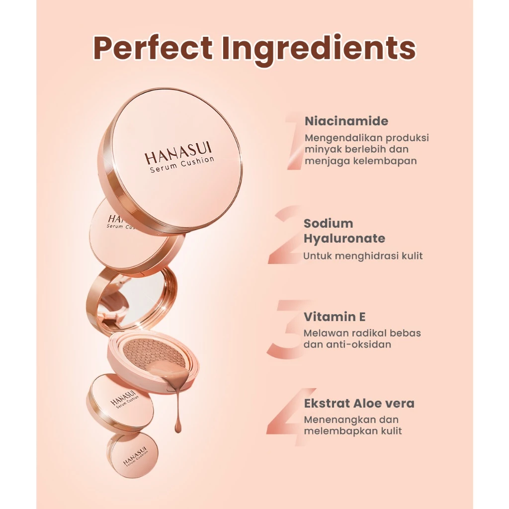 Hanasui Serum Cushion - Flawless Natural Dewy Finish UVA & UVB Protection Perfect Coverage Menyamarkan Pori-Pori Garis Halus Noda Wajah - Gambar 3
