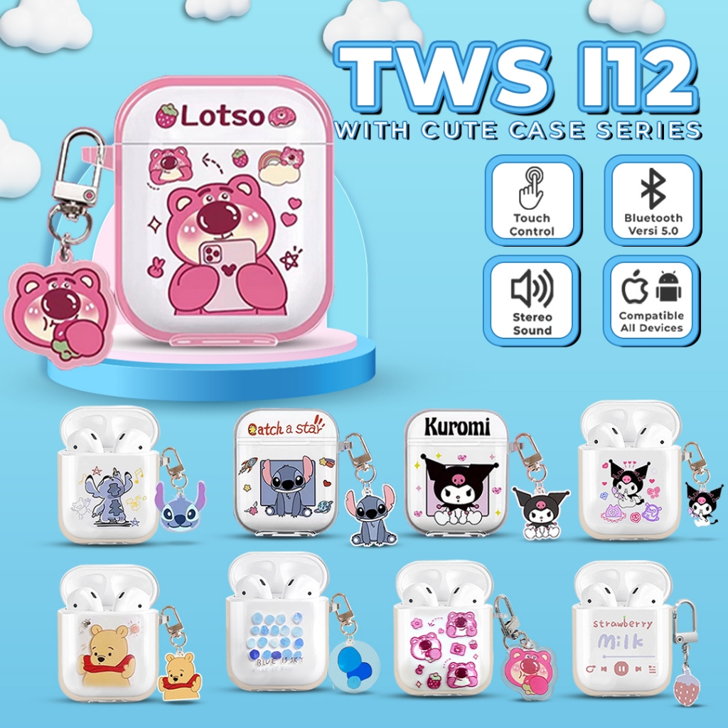 Matei Headset Bluetooth 5.0 Earphone TWS i12 Wireles Inpods Kartun Silicone Transparan Case doraemon - Gambar 2