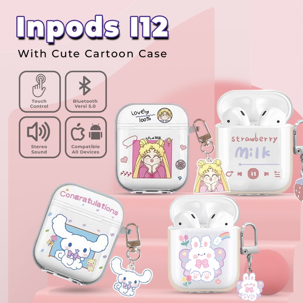 Matei Headset Bluetooth 5.0 Earphone TWS i12 Wireles Inpods Kartun Silicone Transparan Case doraemon