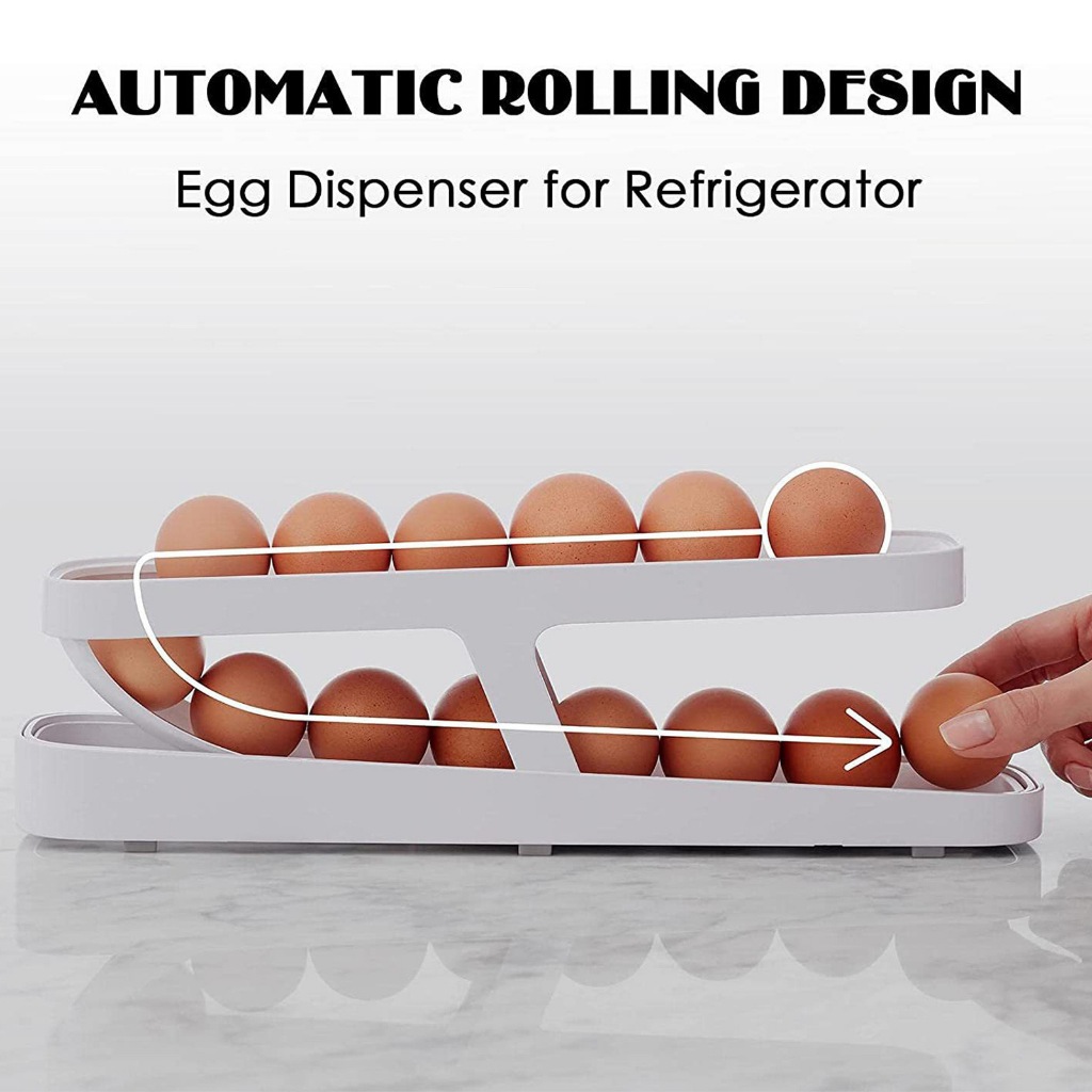 PUSAT17 RAK TELUR 2 TINGKAT OTOMATIS TEMPAT PENYIMPANAN TELUR BERGULIR WADAH TEMPAT TELOR KULKAS DAPUR ROLLING EGG STORAGE ORGANIZER - Gambar 3