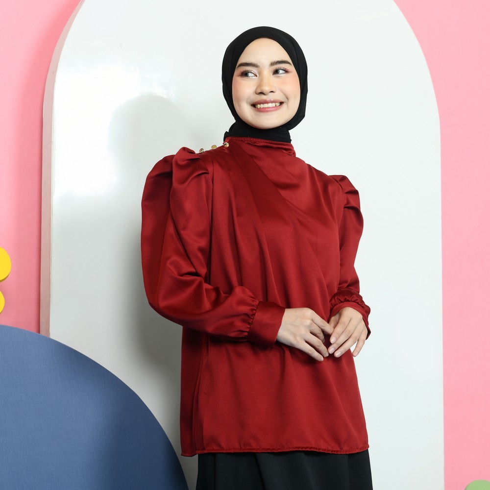 Mybamus Jena Balloon Puff Tops Atasan Kerja Blouse Bahan Satin Kondangan Kekinian - Gambar 3