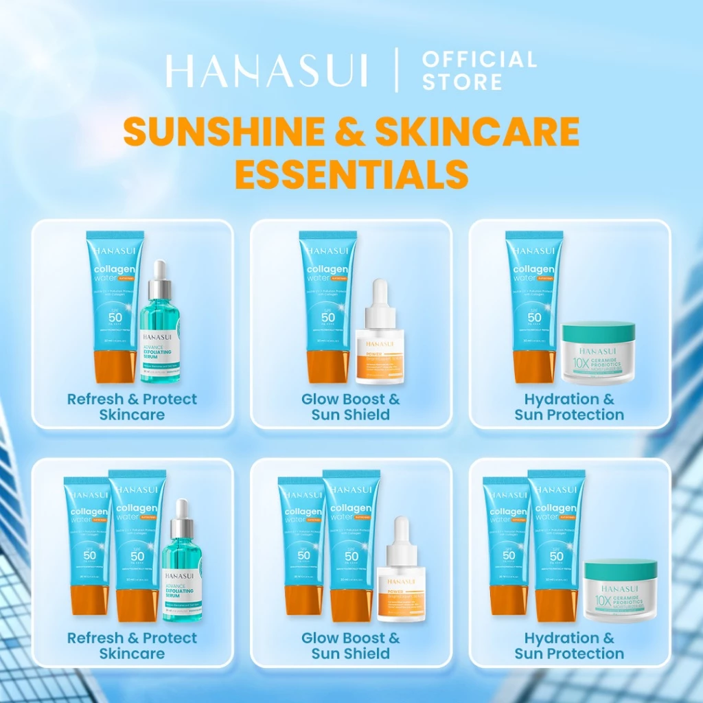 Hanasui Skincare Set Collagen Water Sunscreen SPF 50 Power Bright Expert Serum Exfoliating Serum Ceramide Probiotics Moisturizer Gel Wajah Mencerahkan